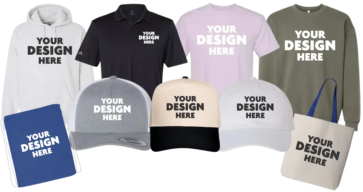 Custom apparel including t-shirts, hoodies, polos, hats, and bags